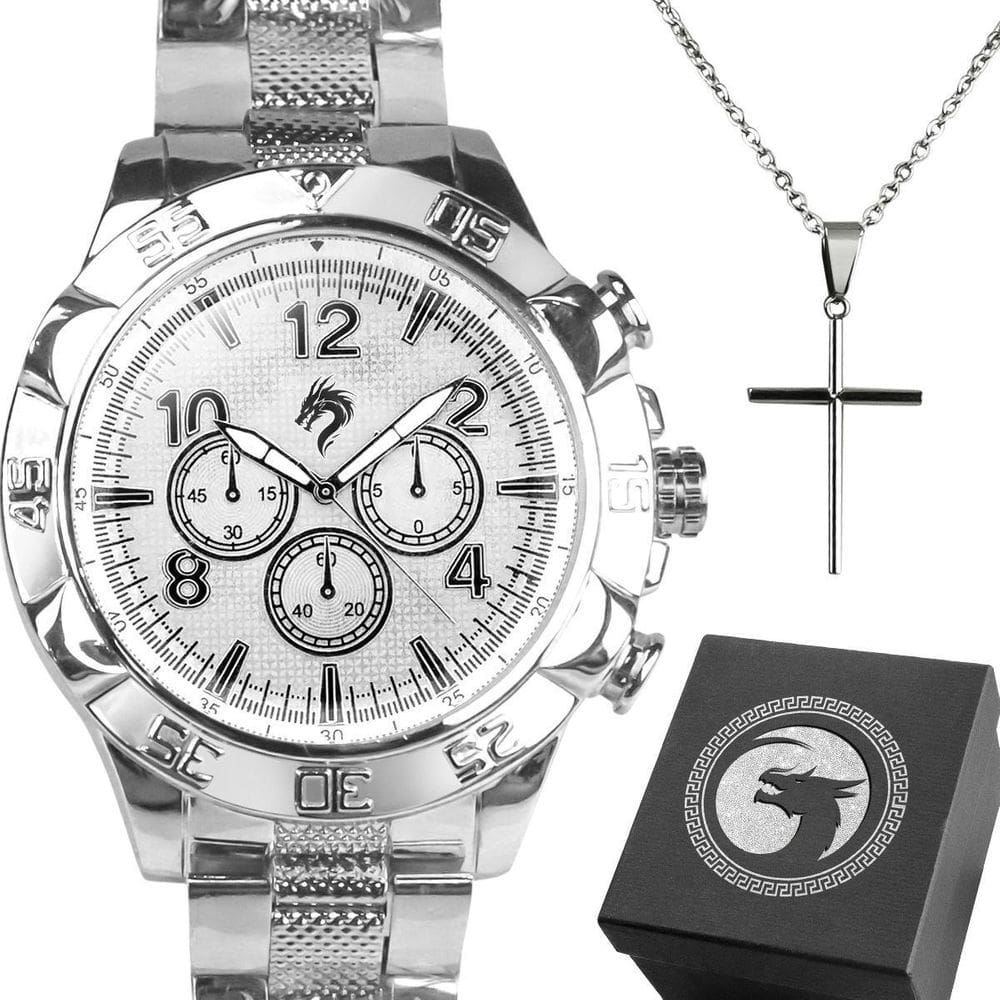 Relogio Masculino Prata Prova Dagua + Cordao Cruz + Caixa