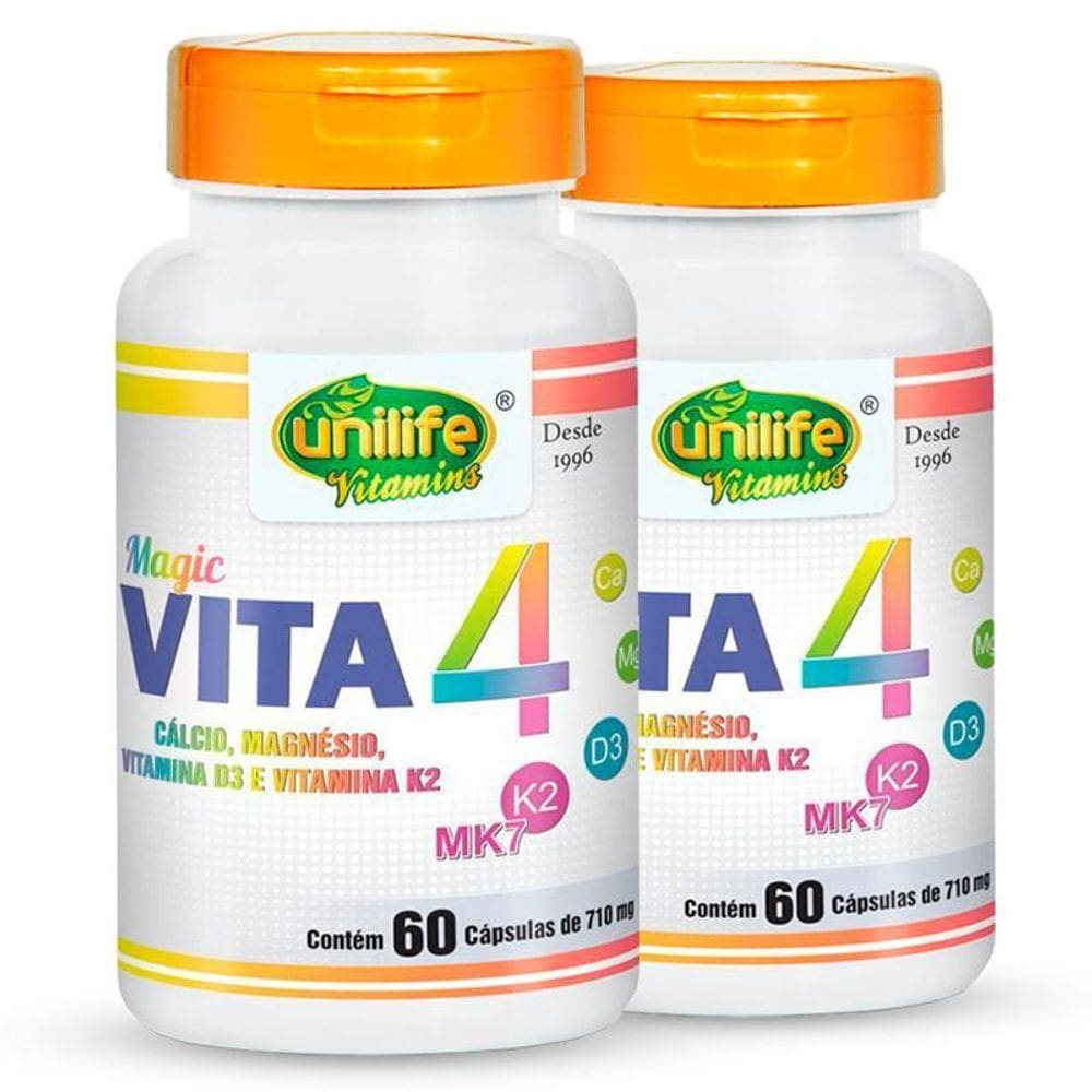 Kit 2 Vita 4 Cálcio Magnésio Vitamina D E K2 Unilife 60 Caps