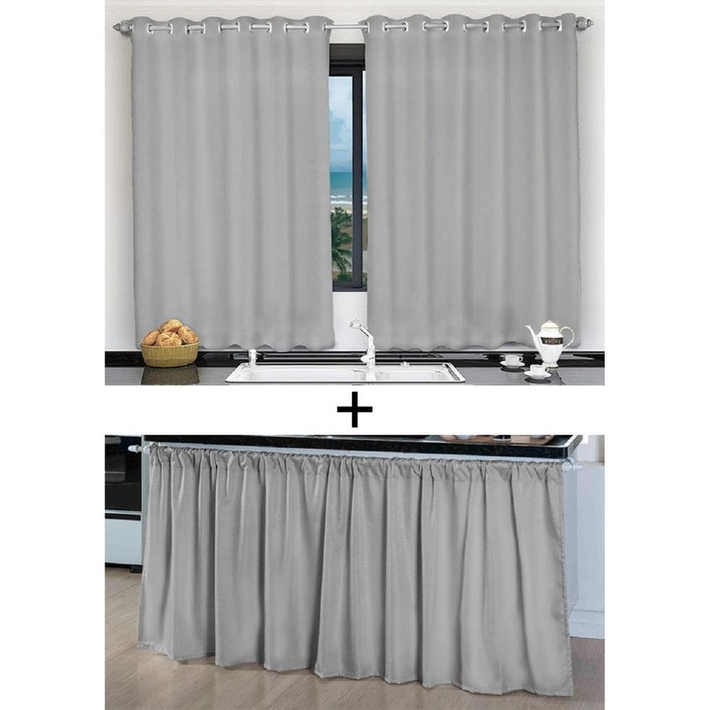 Kit Cortina De Cozinha E Pia Balcão Tecido Liso Cinza