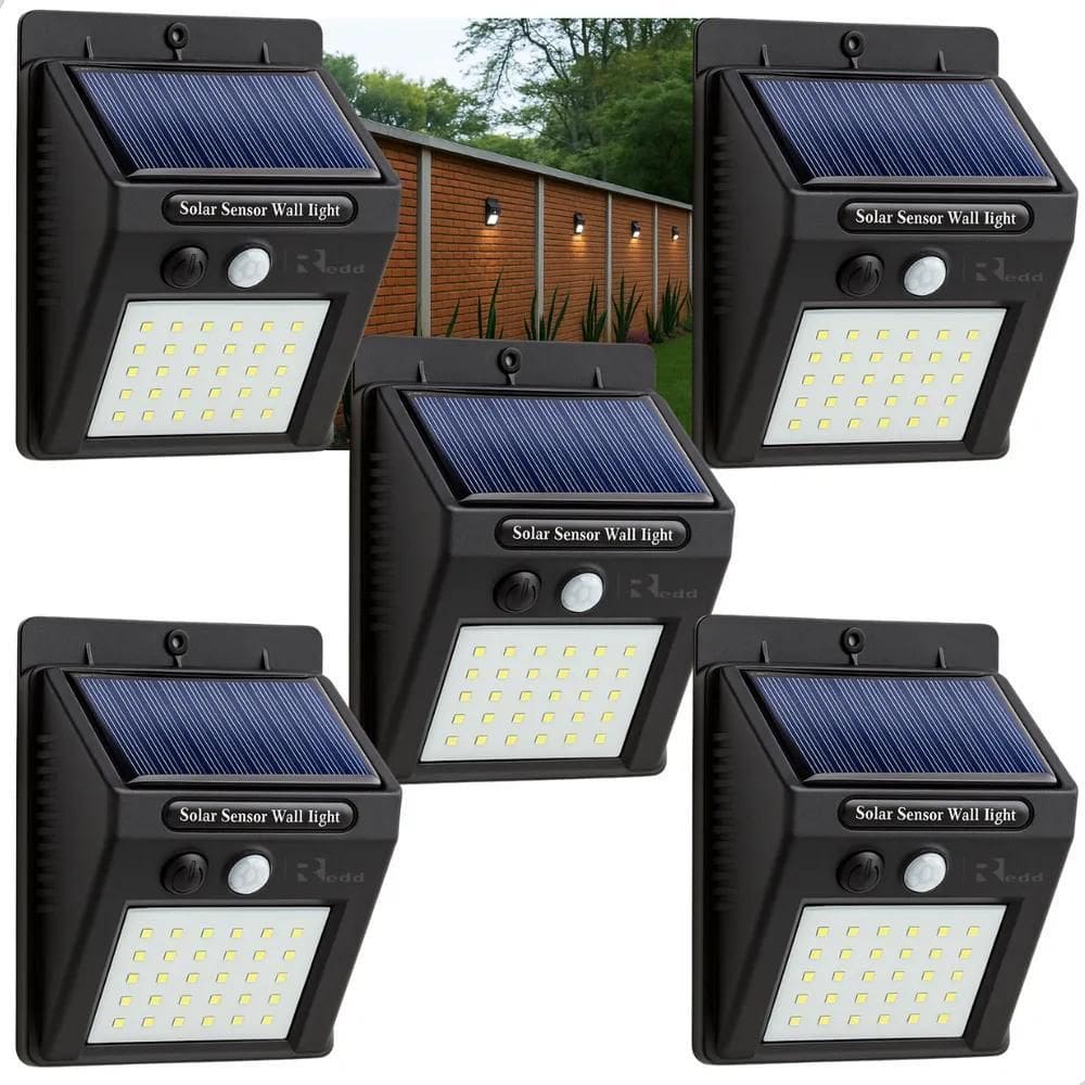 Kit 5 Luminária Solar 30 Led`S Arandela Prova D` Água Com Se