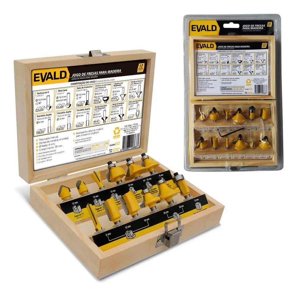 2X Kit Jogo Fresas Tupia Para Madeira 12 Peças Haste 6 Mm Ev