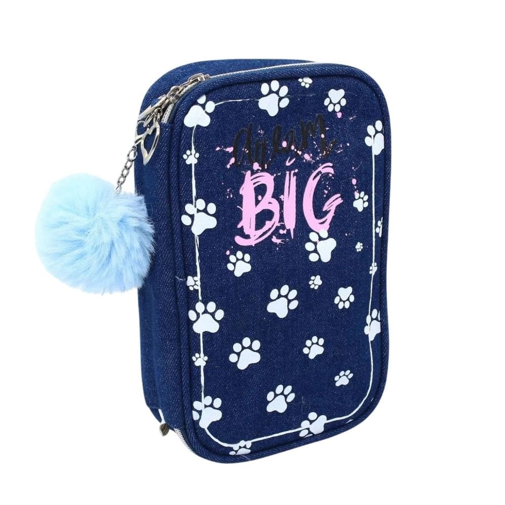 Estojo Escolar Grande Dream Big Jeans Divisórias Pompom Azul Volta as Aulas Ensino Fundamental Kawai