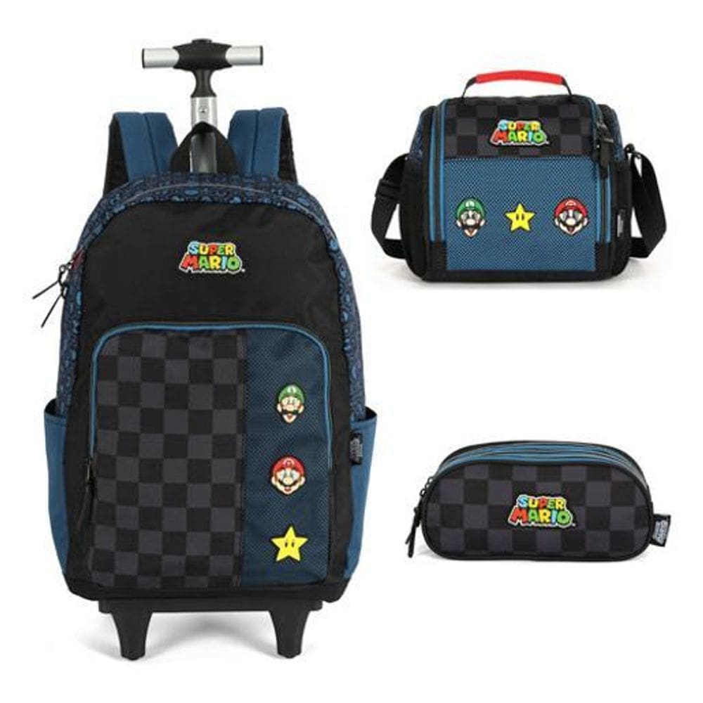 Kit Mochila Rodinhas Estojo Lancheira  Super Mario
