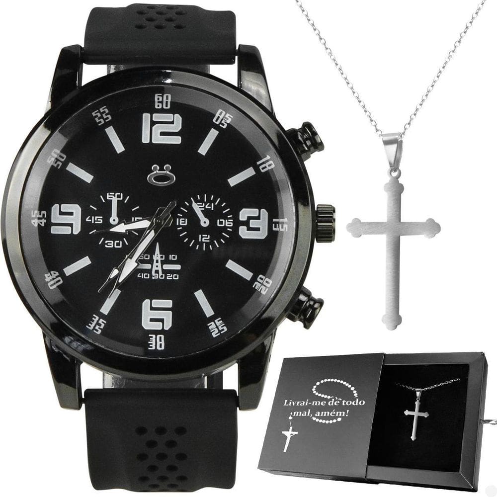 Relogio Masculino Aço Preto + Colar Crucifixo + Caixa Prata