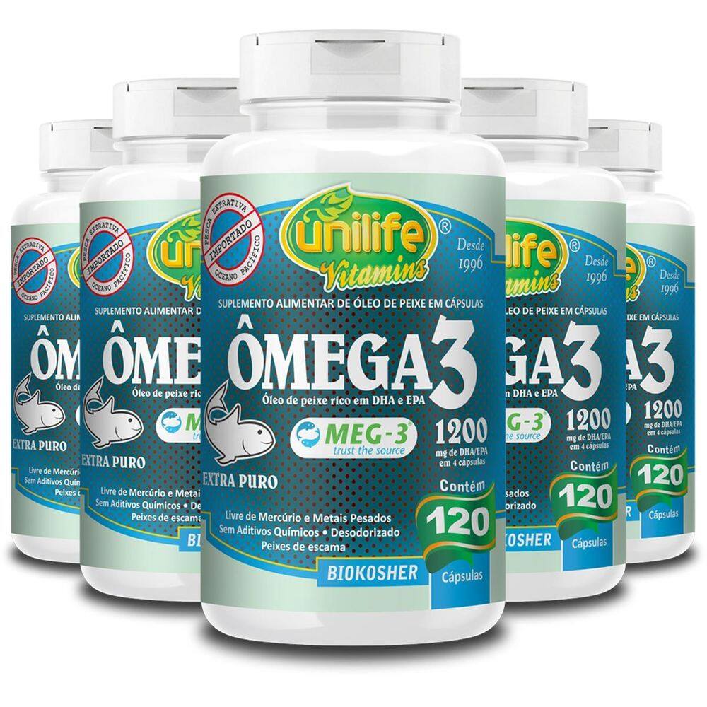 Kit 5 Ômega 3 Óleo De Peixe Unilife 120 Cápsulas 1200Mg