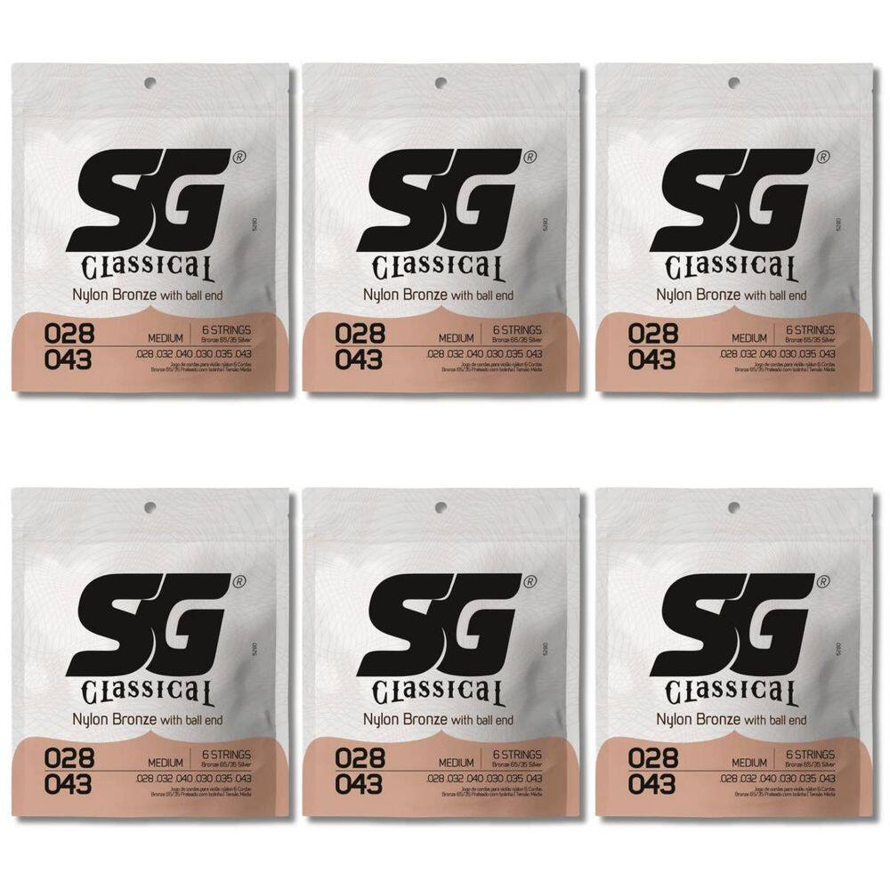 Kit 6 Encordoamento Violão Nylon Sg Tensão Média .028 - .043