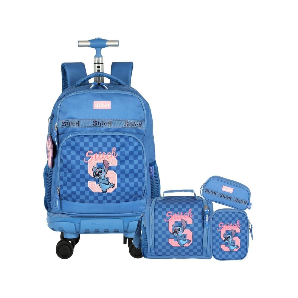 Kit Stitch Mochila Rodas + Lancheira + Estojo Box E Triplo