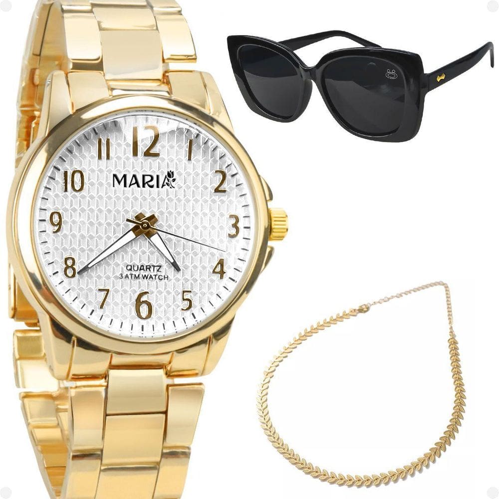 Relogio Feminino Banhado Aço + Oculos Sol Casual Dourado