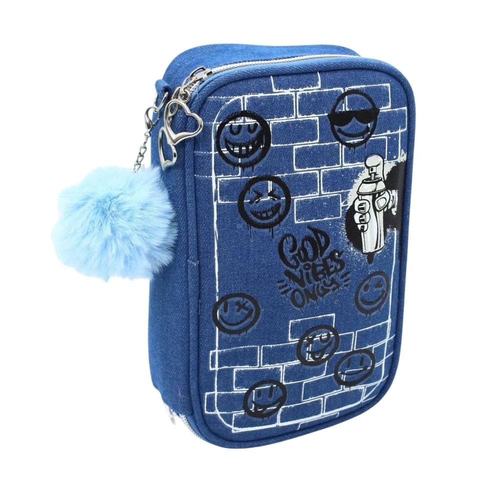 Estojo Escolar Grande Good Vibe Jeans Divisórias Pompom Azul Volta as Aulas Unissex Menino Menina