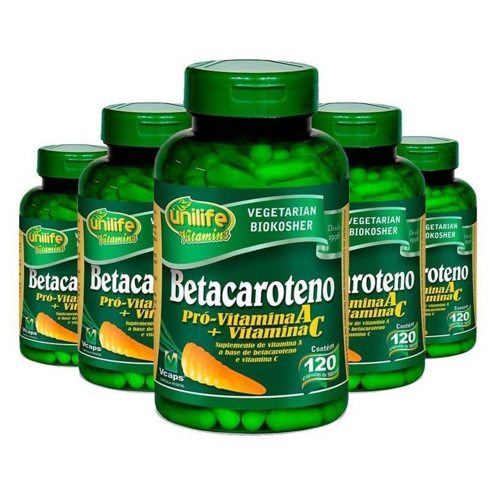Kit 5 Betacaroteno Pró-Vitamina A 120 Cápsulas Unilife