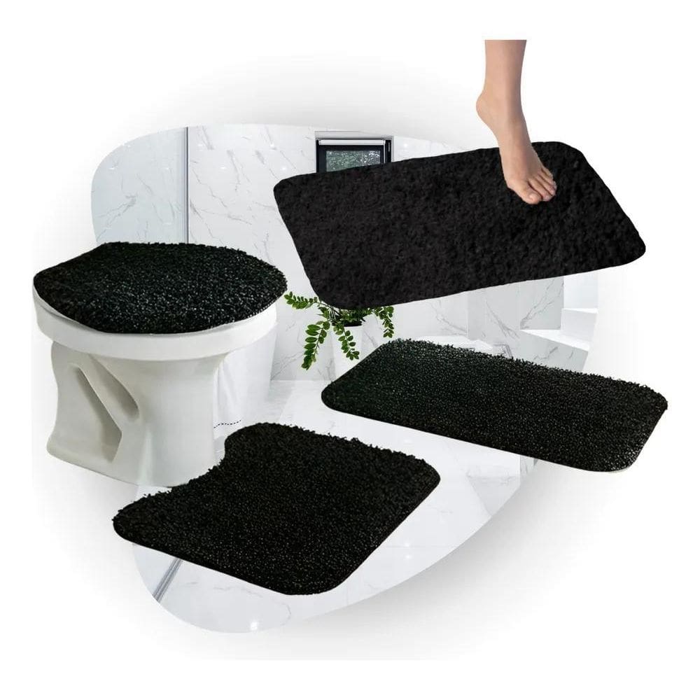 2X Conjunto Banheiro 4 Peças Tapete Preto Jogo Banheiro Ofer