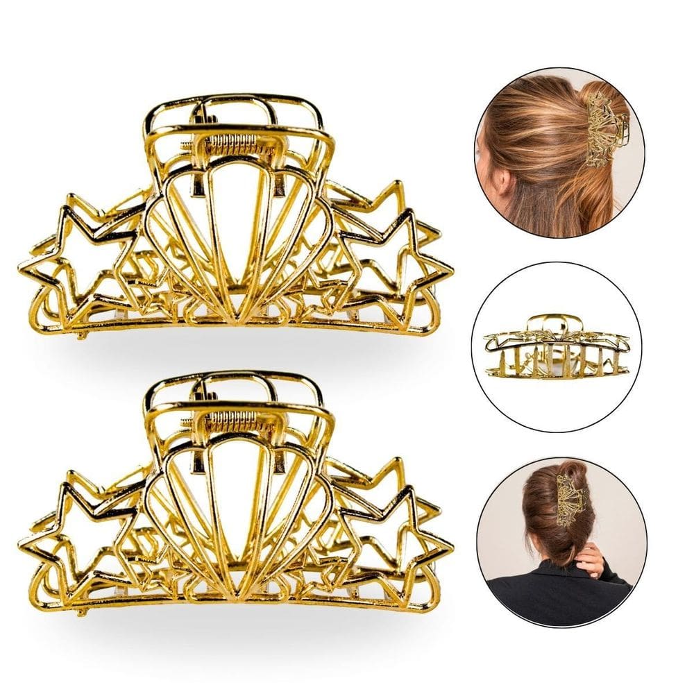 Kit 2 Presilha Prendedor Cabelo Concha Estrela Dourada Metal