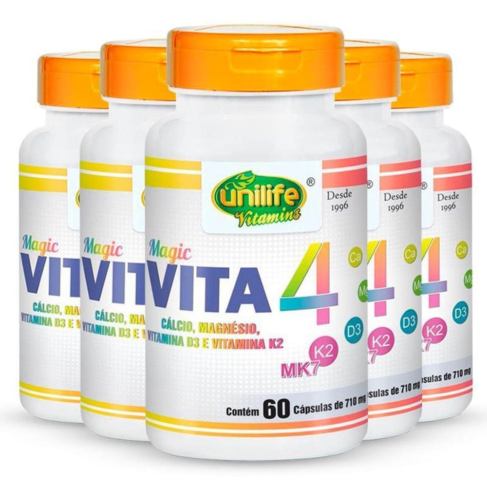 Kit 5 Vita 4 Cálcio Magnésio Vitamina D E K2 Unilife 60 Cáps
