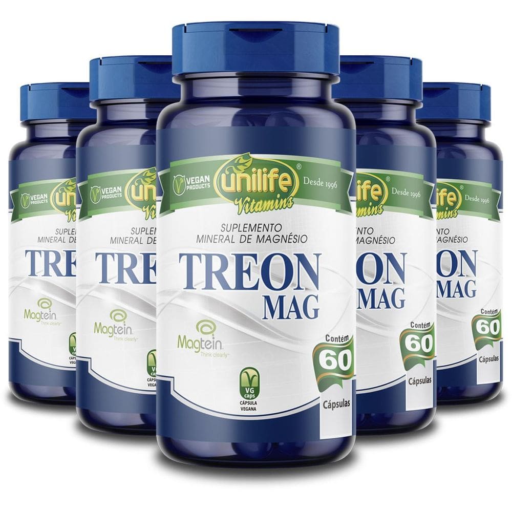Kit 5 Treon Mag Magnésio Treonato Unilife 60 Cápsulas