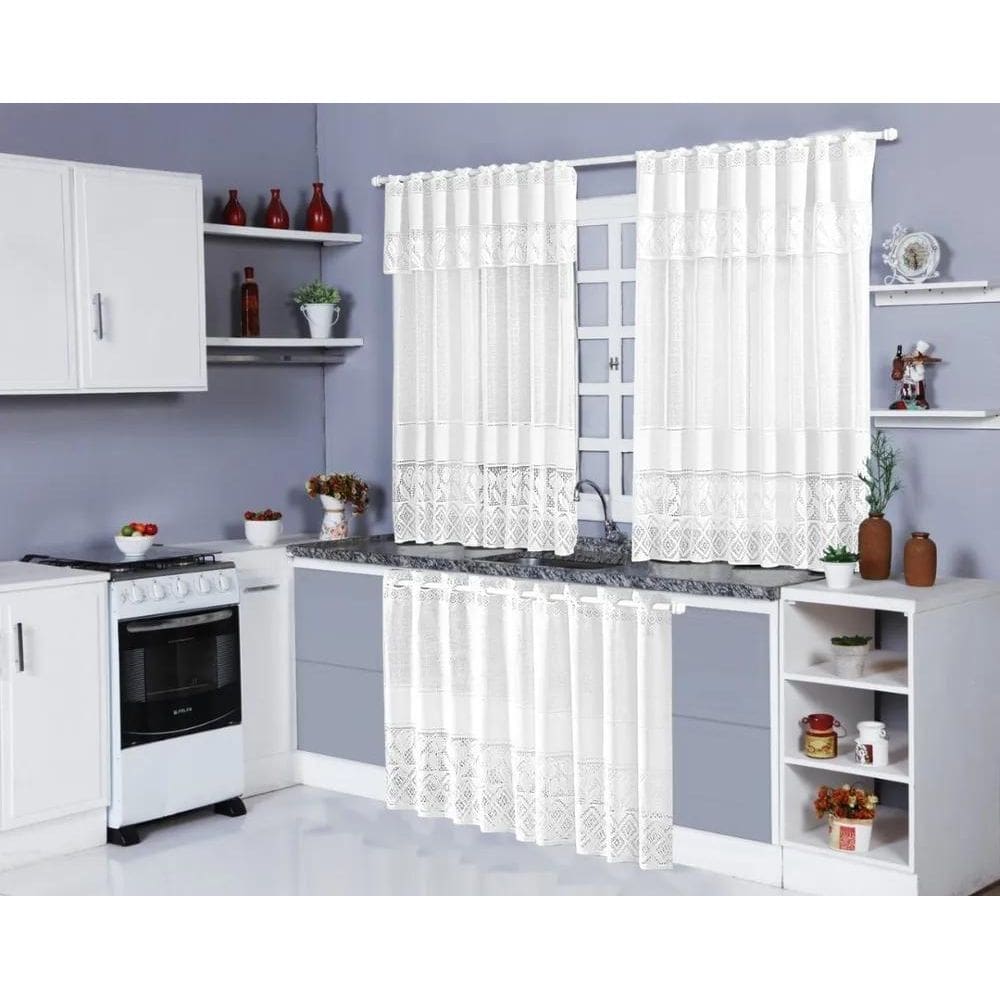 2X Kit Cortinas De Cozinha Em Renda P/Janela E Pia Renda Tul