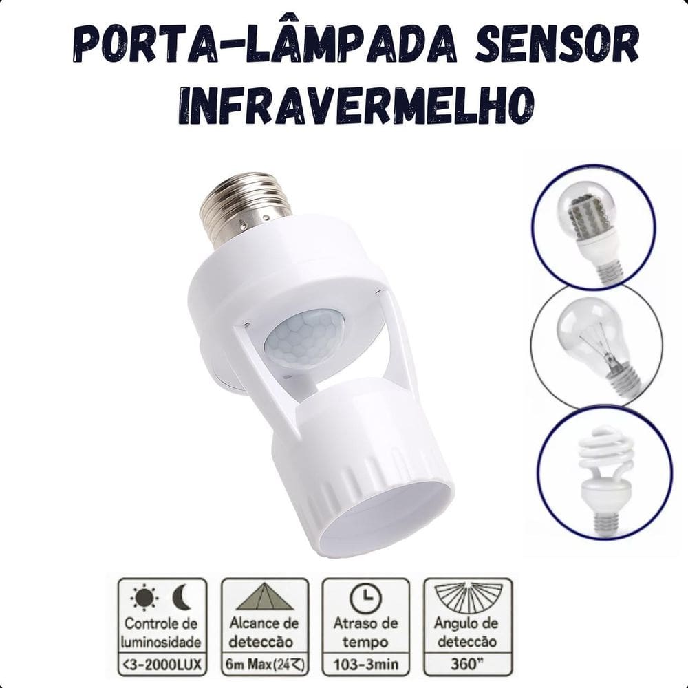 Sensor Presença Lâmpada Fotocélula Soquete E27 Bocal Luz