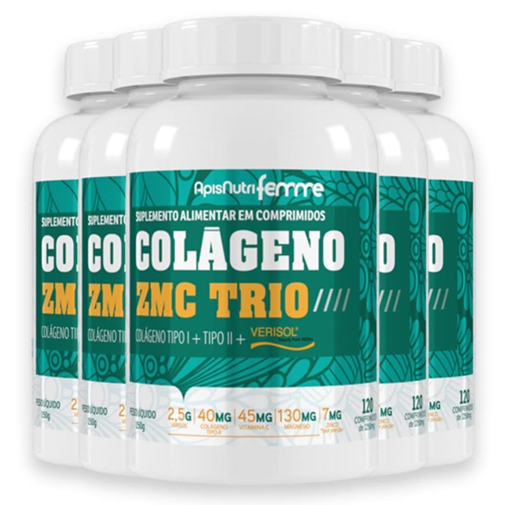 Kit 5 Colágeno Zmc Trio Apisnutri 120 Comprimidos
