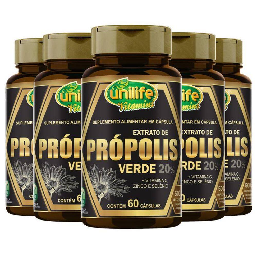 Kit5 Própolis Verde/Vitamina C/Zinco/Selênio Unilife 60 Caps