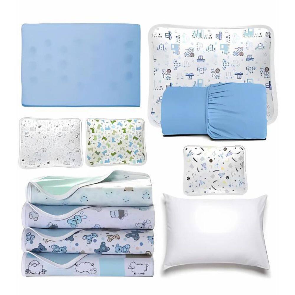 Berço 7Pçs Azul Bebê Lençol + Fronhas + Travesseiros + Manta