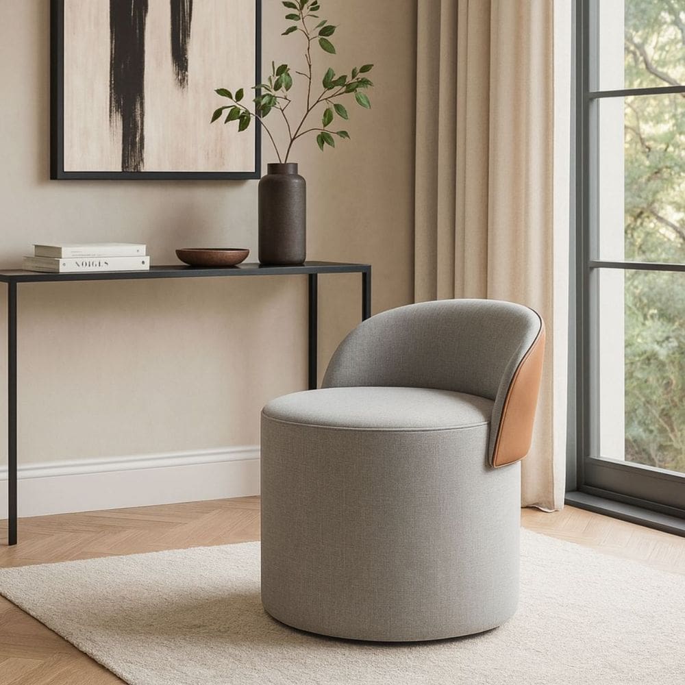 Puff Encosto Corino Linho Sala Orgânico Quarto Redondo Banco