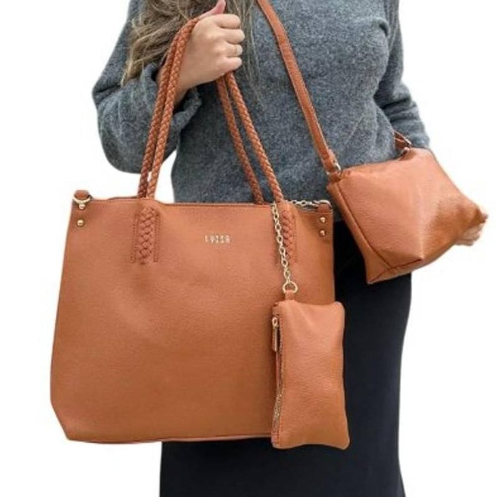 Kit 3 Peças Bolsa Feminina Caramelo Grande Média Necessarie