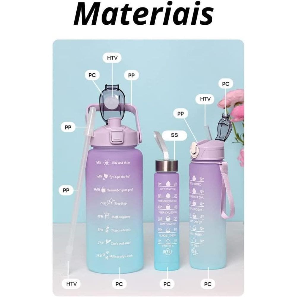 Kit 3 Garrafas 2 Litros 900Ml 500Ml Garrafas Água Rosa