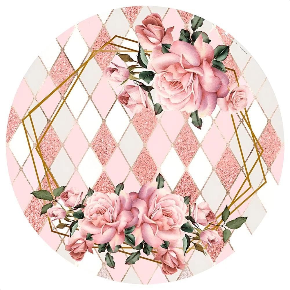 Painel Redondo Sublimado 1,5M Festa - Floral Geométrico Rosa
