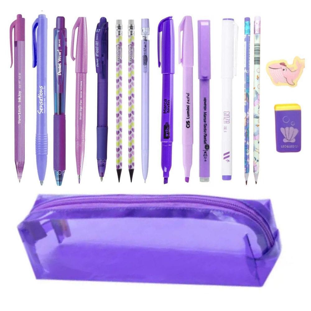Kit Estojo Tons De Roxo Escolar Completo