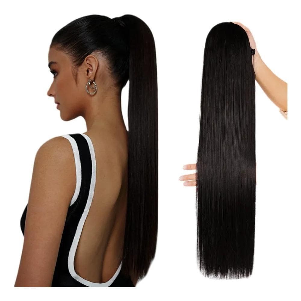 2X Aplique Rabo De Cavalo Liso Preto Elástico Ajustável