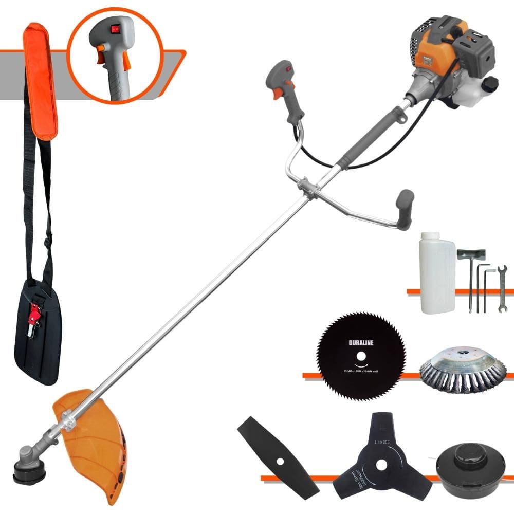 Roçadeira Robusta Tekna RL430P À Gasolina 43cc 1,7HP 5 Opções de Corte Com Facas 2 Pontas, 3 Pontas, 80 Dentes, Escova de Aço e Carretel de Nylon