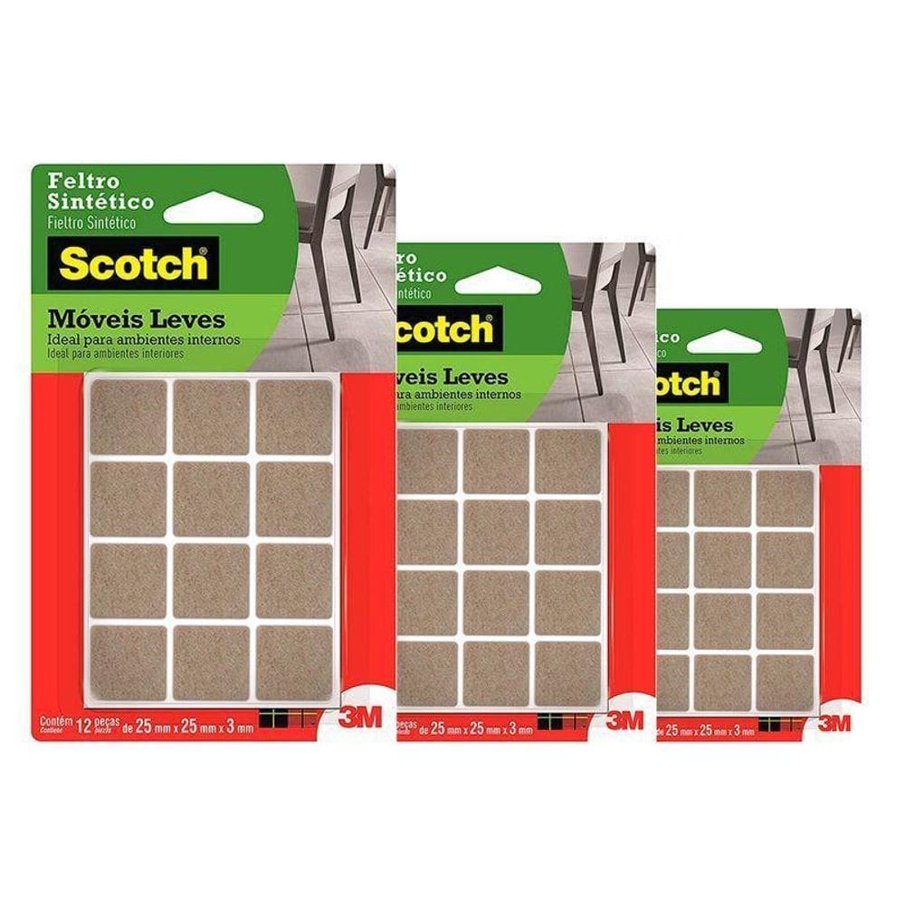 Kit3 Feltro Adesivo Cadeira Sofá Quadrado Scotch 3M 25Mm 12U