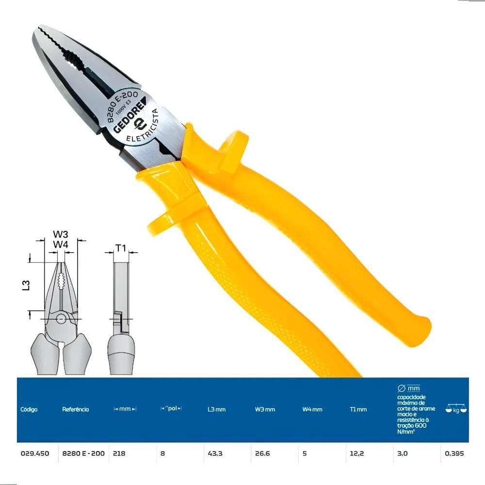 Alicate Universal Isolado Para Eletricista 8 Pol Gedore