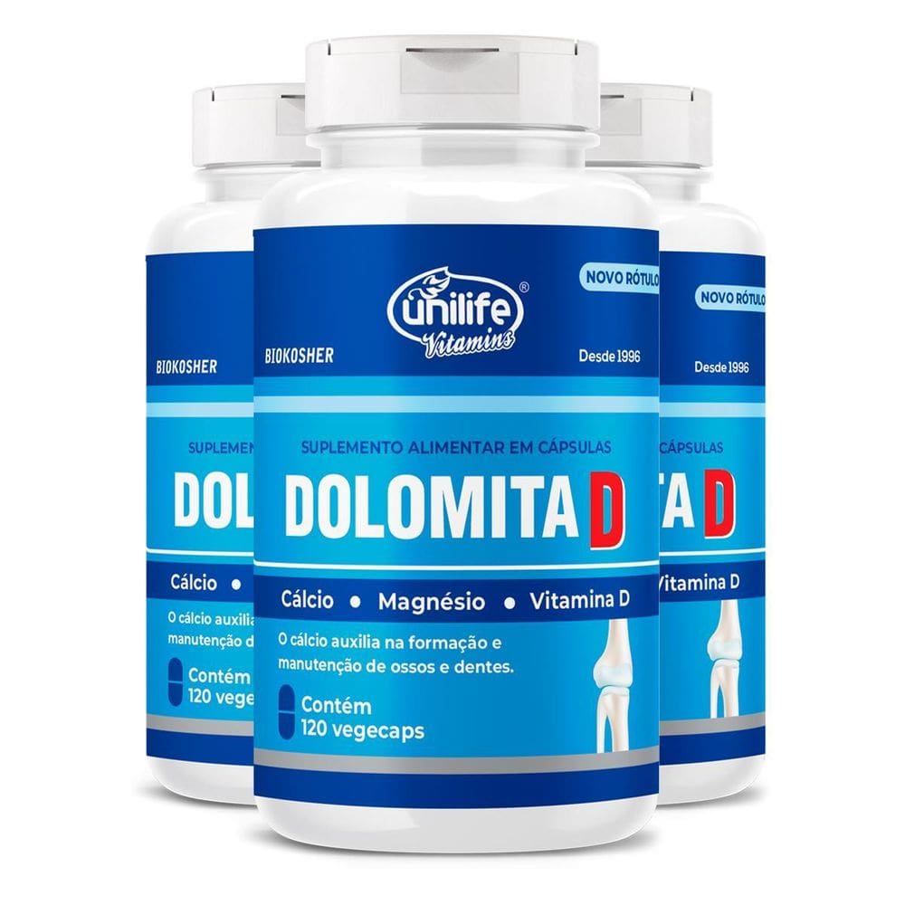 Kit 3 Dolomita Com Vitamina D Unilife 120 Cápsulas