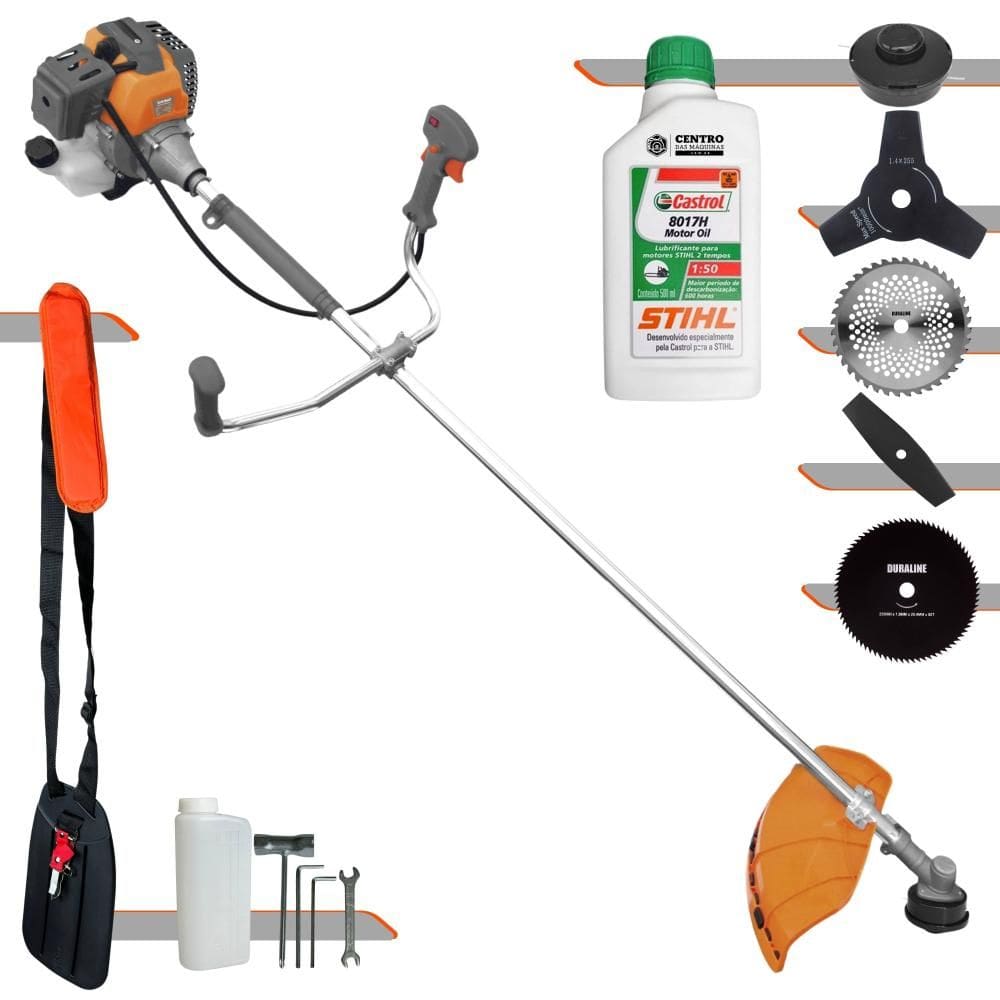 Roçadeira Cortador de Grama Lateral À Gasolina Tekna RL520P 52cc 2HP Completa 5 em 1 Com Carretel + 4 Lâminas de Corte + ÓLEO STIHL 2 Tempos