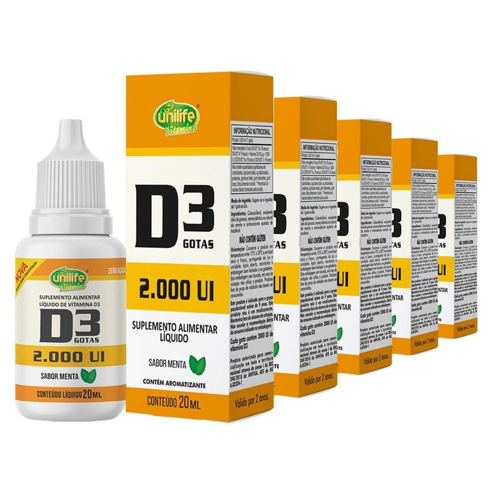 Kit 5 Vitamina D3 2.000 Ui Unilife Menta 20Ml