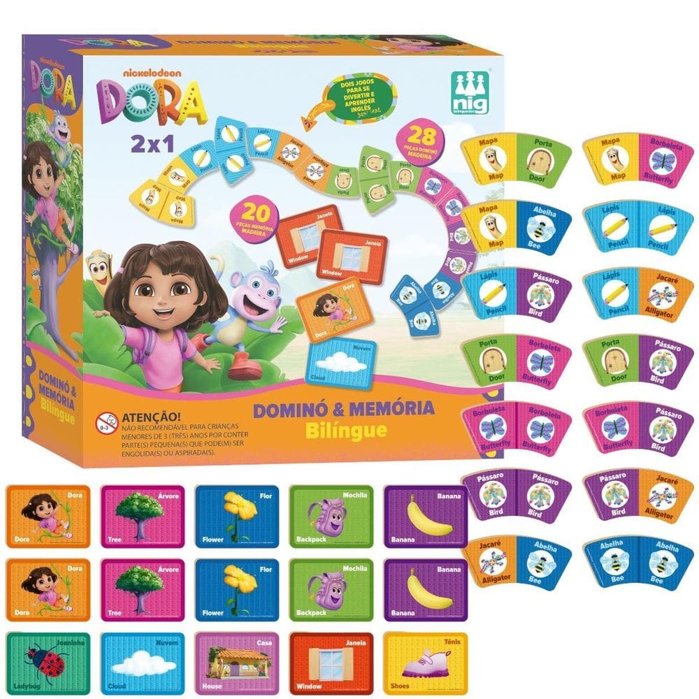 Jogo 2X1 Dominó E Memória Bilíngue Dora Aventureira 0345 Nig