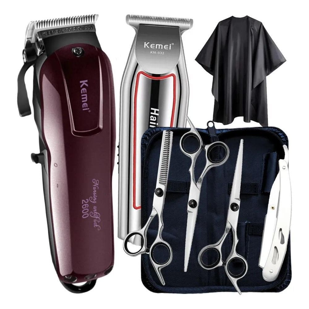 2X Kit Maquina De Corta Cabelo E Tesoura Barbeiro Profission
