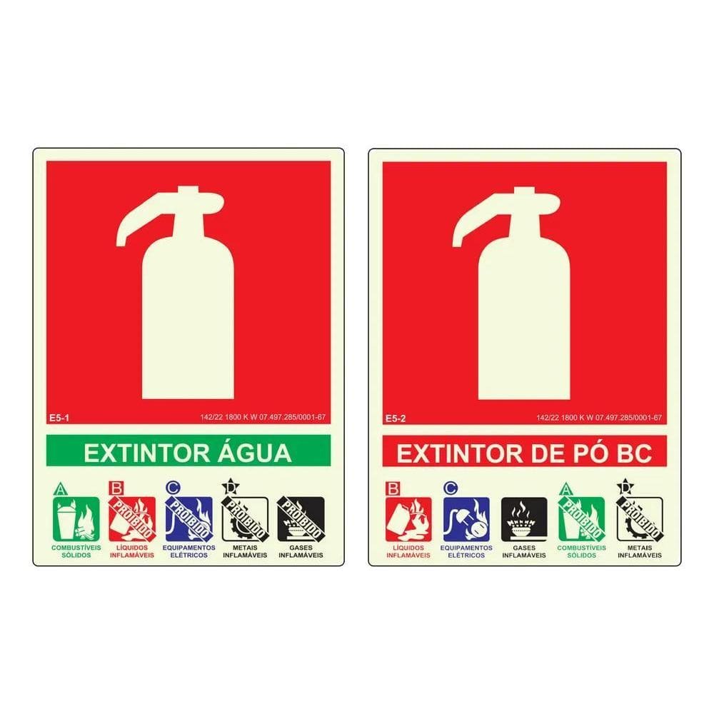 2X Placa De Sinalização 1 Extintor Água + 1 Pó Químico Fotol