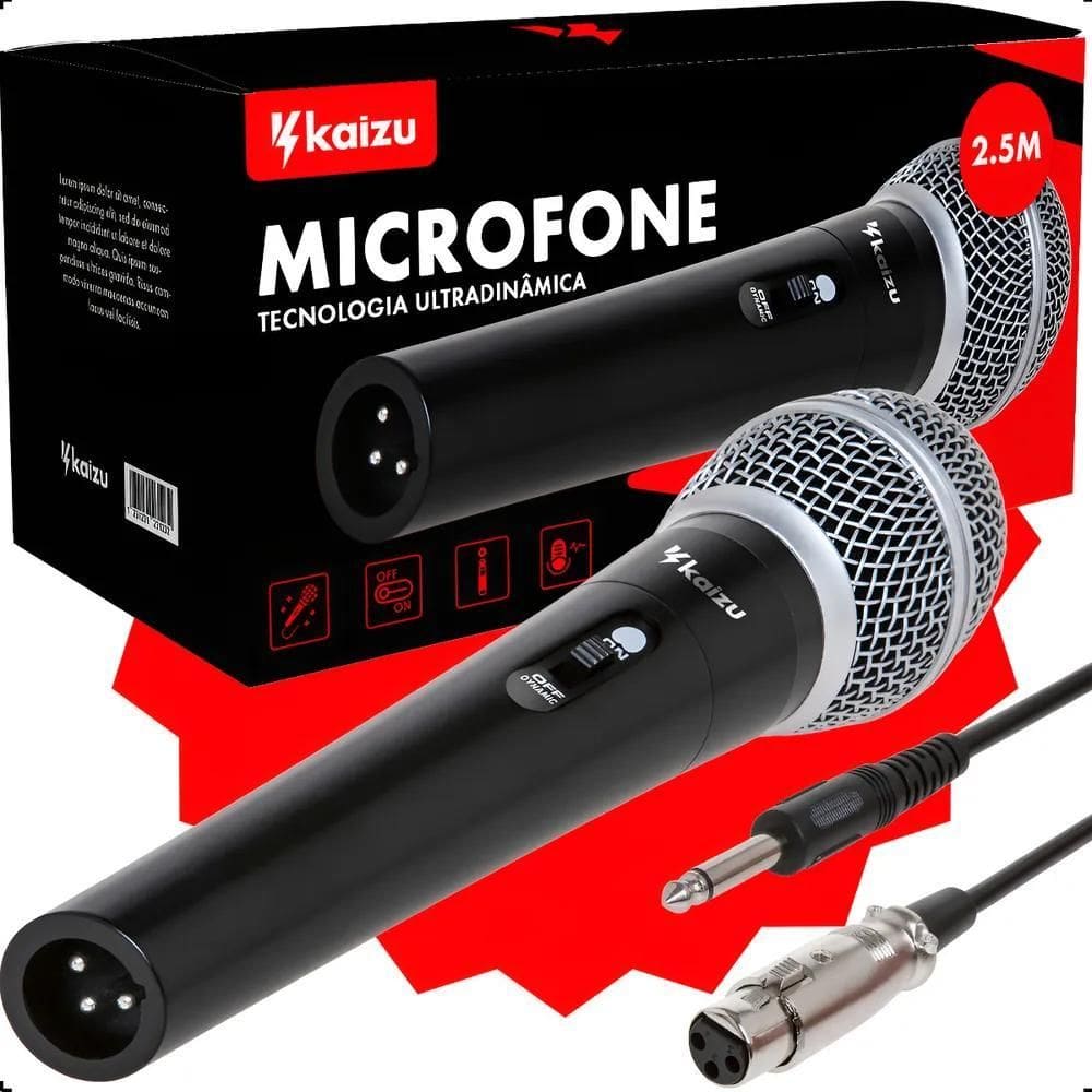 Microfone Com Fio Metal Duplo Dinâmico Karaokê