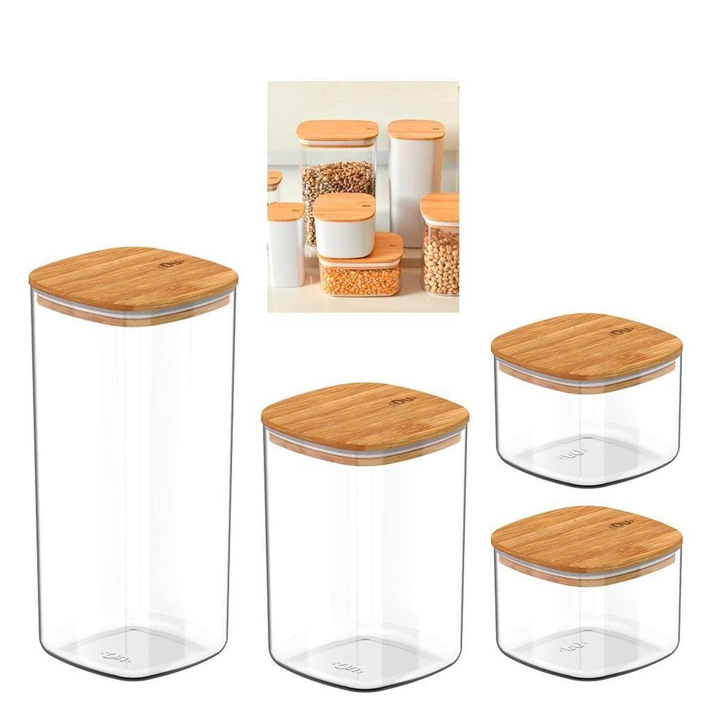 Conjunto De 4 Potes Herméticos 1 Litro - Tampa De Bambu