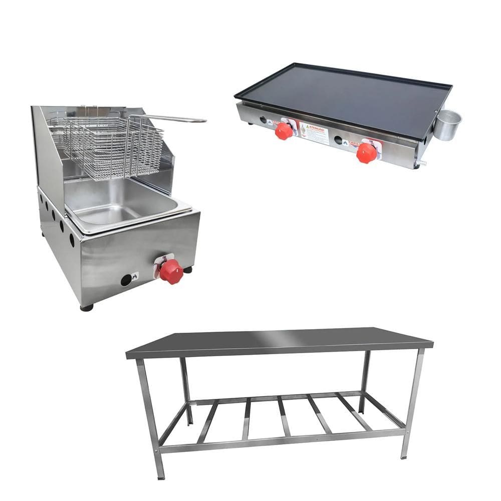 Kit Lanchonete Mesa de Manipulação 190x70cm + Fritadeira a Gás 1 Cuba + Chapa a Gás 60cm Alcamar