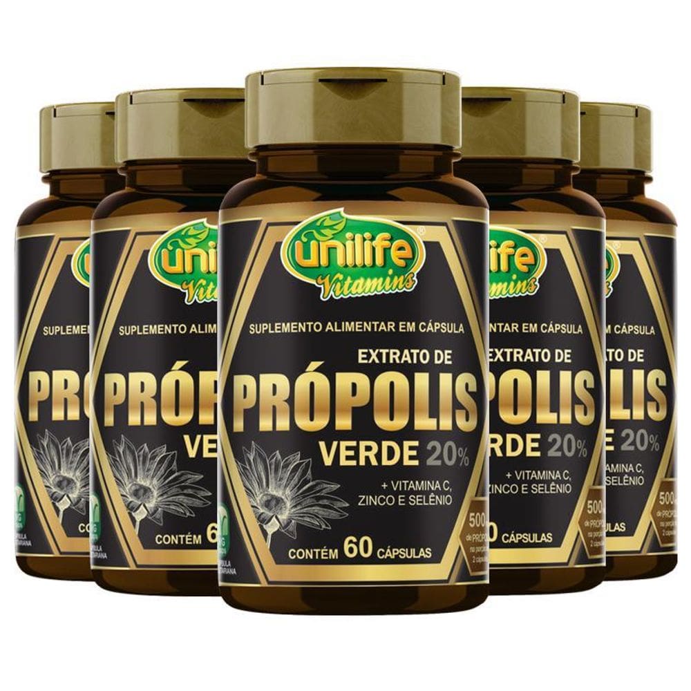 Kit5 Própolis Verde/Vitamina C/Zinco/Selênio Unilife 60 Caps