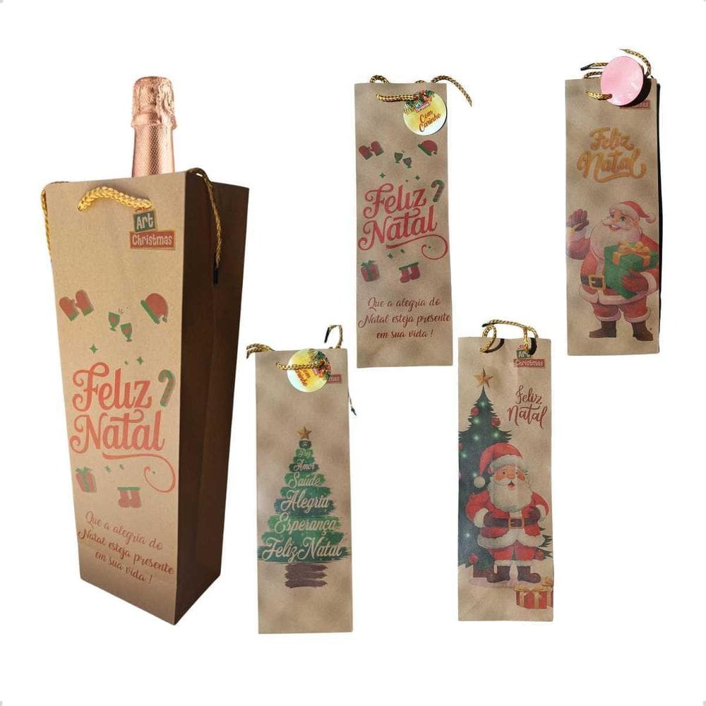Kit 12 Sacola Garrafa Natal Vinho 12X36X9Cm Festa Presente
