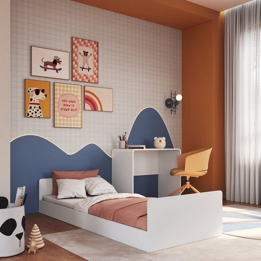 Cama Infantil Juvenil com Escrivaninha e Estante Cama Auxiliar Branco / Azul