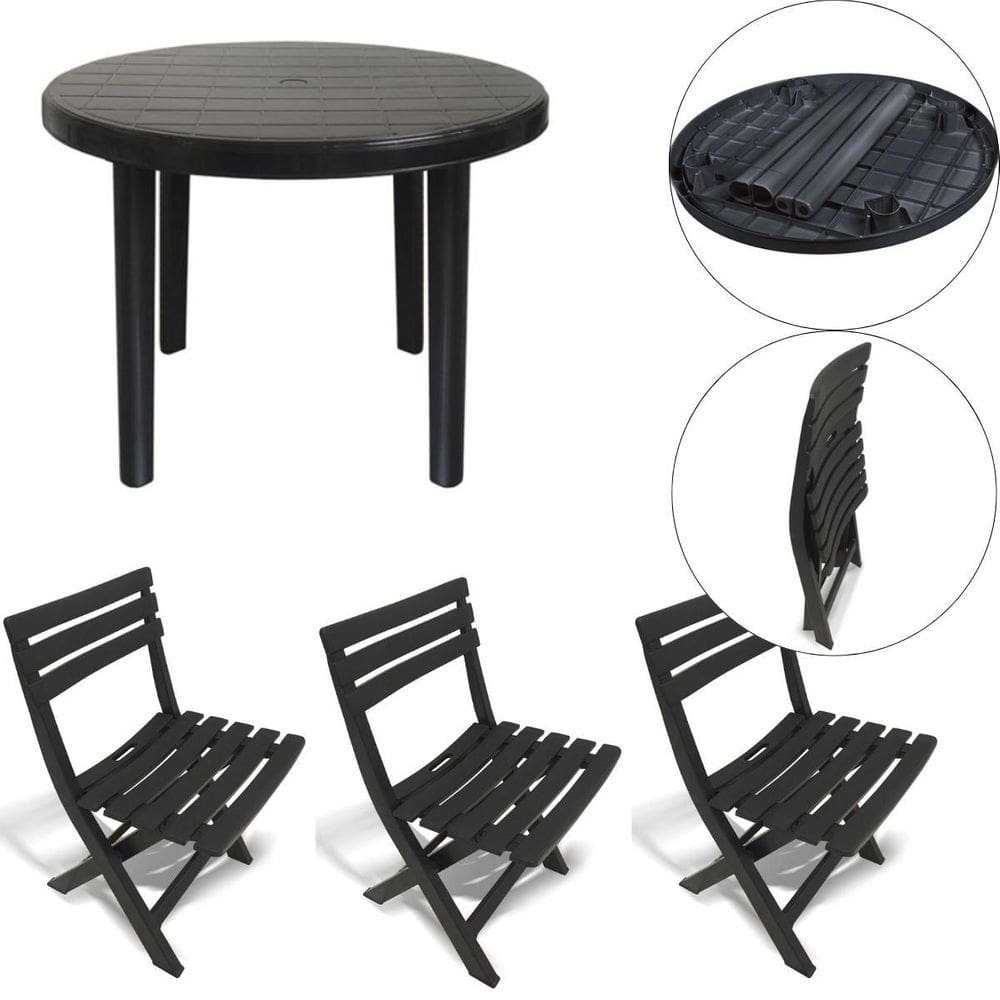 3 Cadeira 1 Mesa Redonda Área Lazer Preta Desmontável 25389