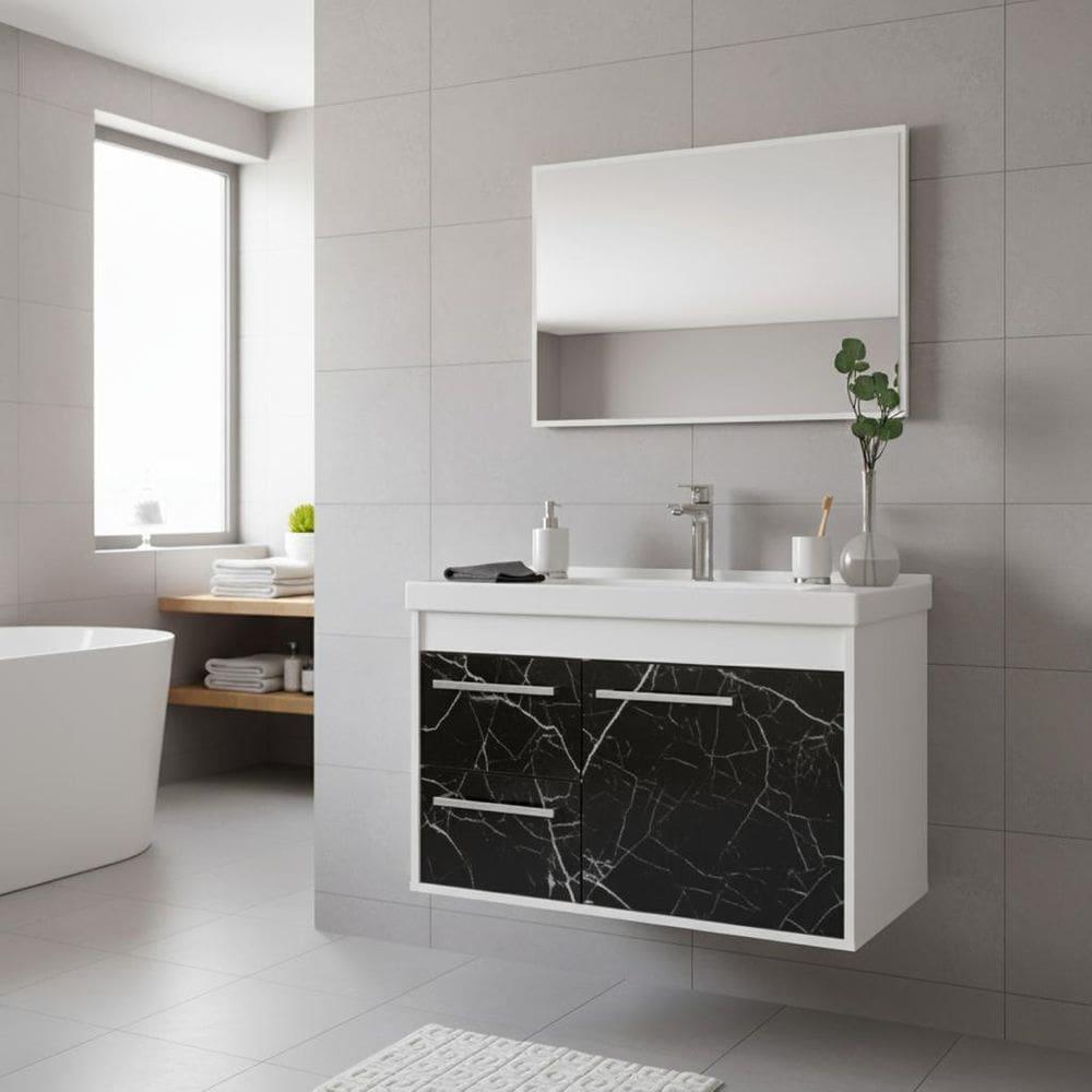 Armário Para Banheiro Mdf + Cuba + Espelho Potenza Preto