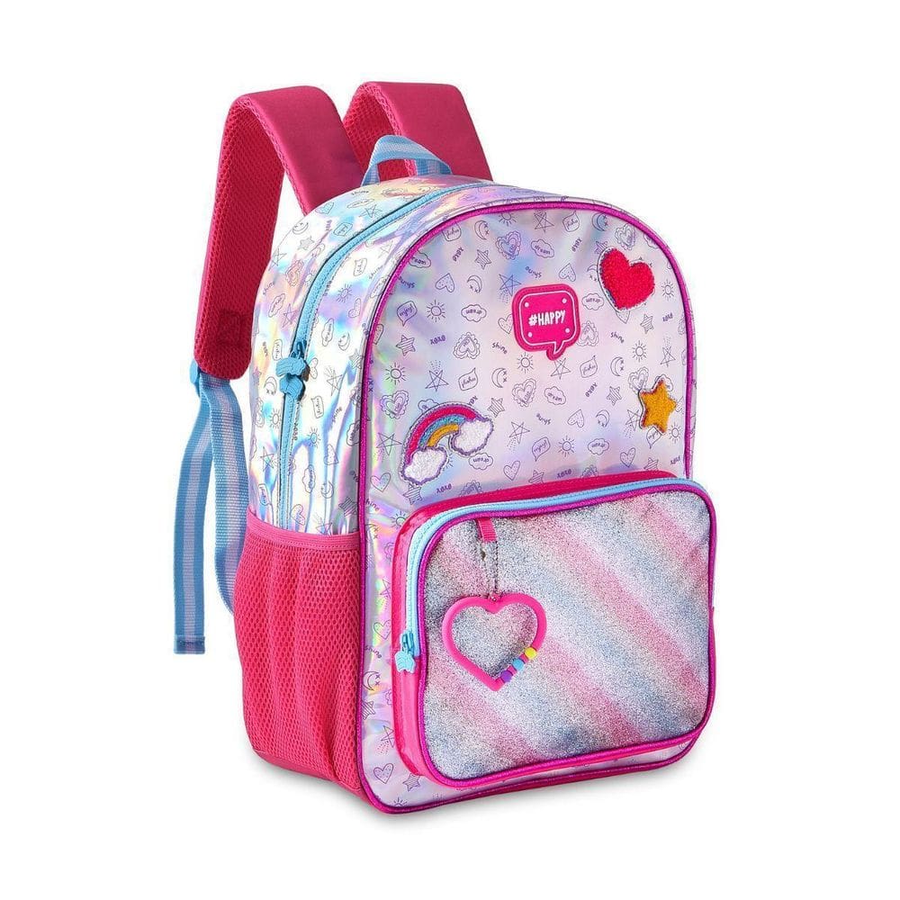Mochila De Costas Holográfico Happy Infantil Meninas - Azul