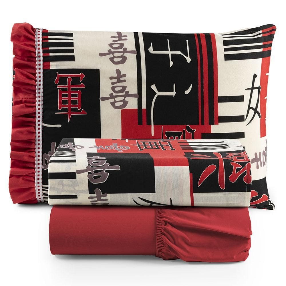 Jogo Lençol Fiore Solteiro Algodão Babadinho Vermelho Japão