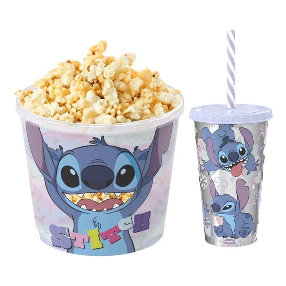 2X Kit Cinema Em Casa Balde De Pipoca E Copo Lilo E Stitch