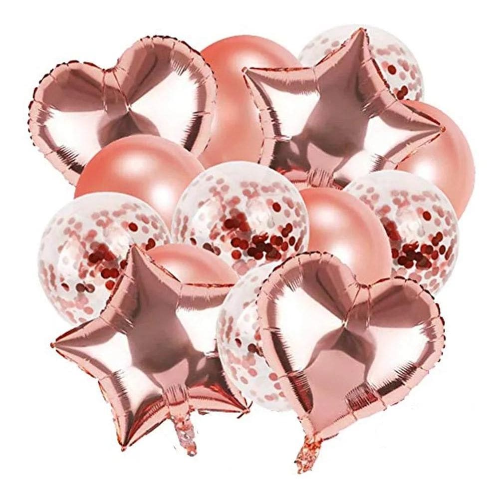 2X Kit Buque Balão Metalizado 14 Peças Bexiga Festa Rose Gol